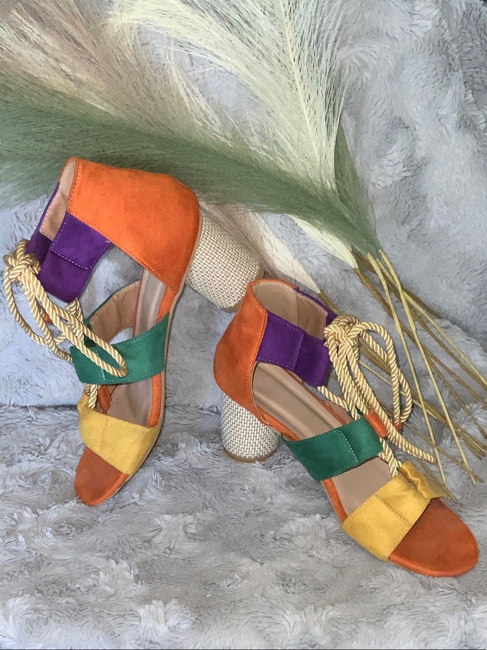 Multi-Color Suede Block Heel Sandals with Rope Tie